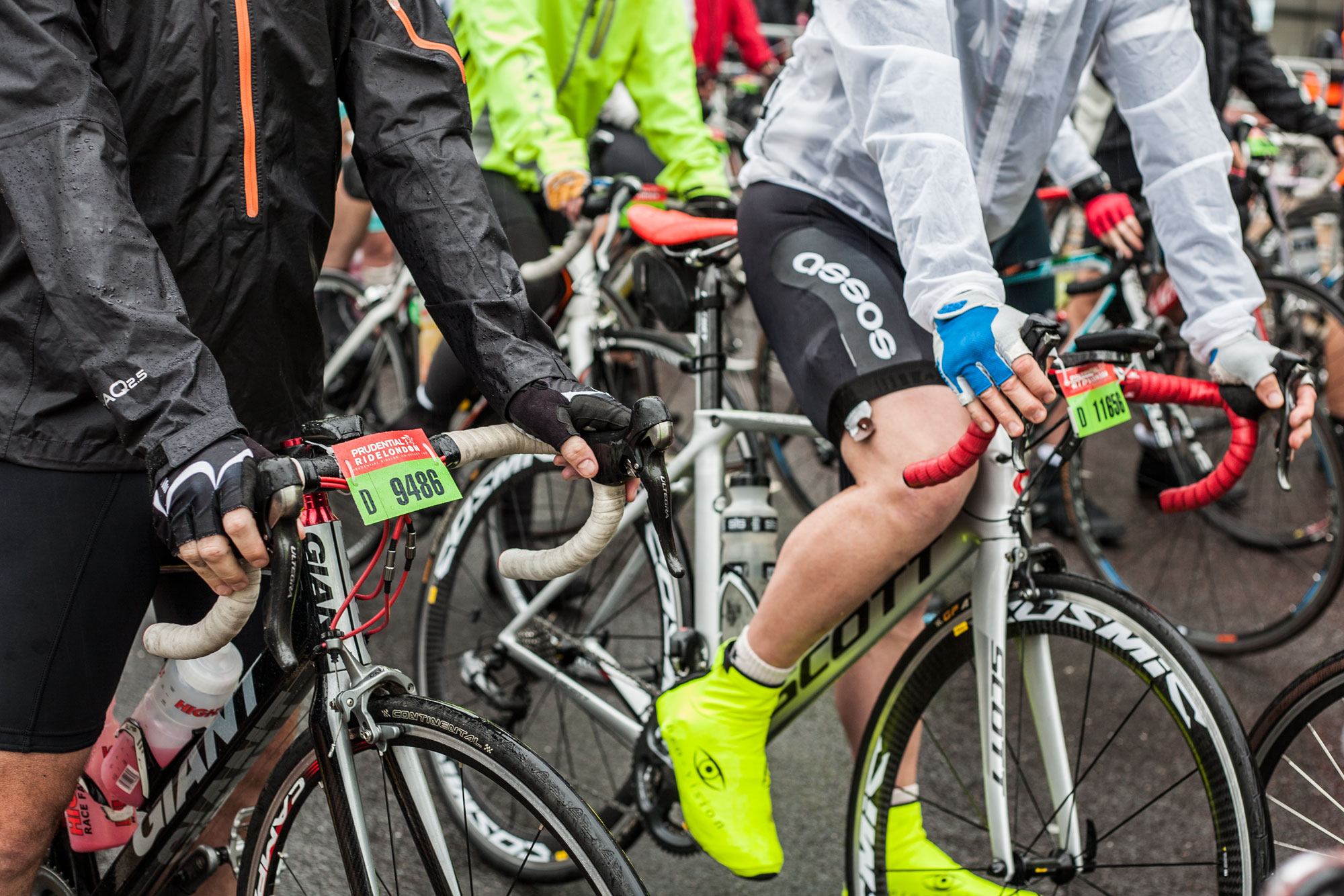 Cyclists in their wet weather gear, ready for the Surrey 100