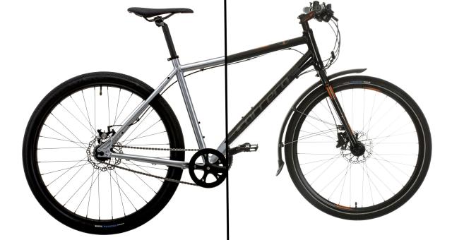 A composite image of two halves of bikes. The back of the silver Vitus Mach 1 One City Bike SS and front of the black Carrera Subway All-Weather Edition