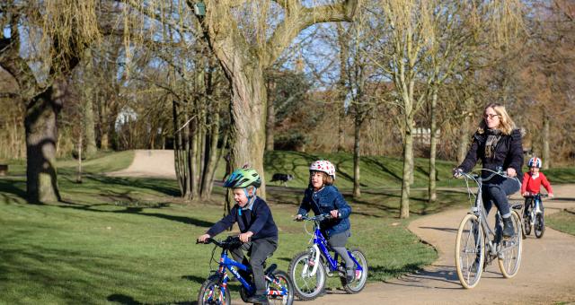 Children cycling to school with their mother