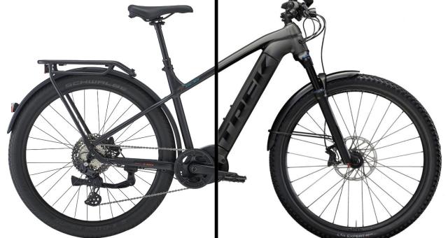 A composite image of two e-bikes, with the back half of the Whyte and the front half of  the Trek. Both are black.