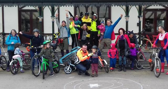 Children in fancy dress for Bike Hive's Halloween themed Kiddical Mass