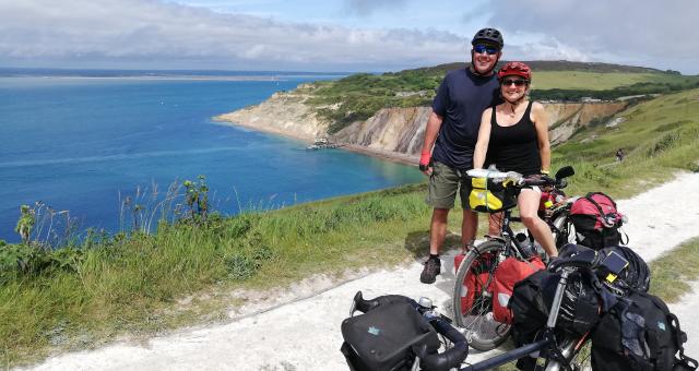 Josie Dew and her husband Gary above Alum Bay 