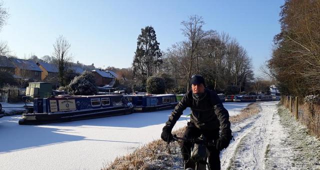 Roland Seber on a snowy towpath 