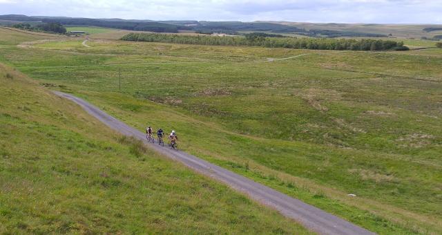 Three cyclists on a lane among rolling green hills