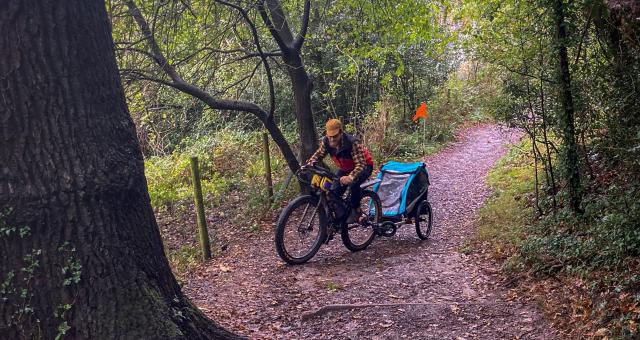 A man rides his bike with a child trailer attached to the rear on a cycle path