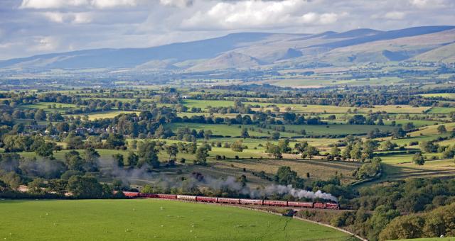 Steam train crossing a viaduct in a lush green valley