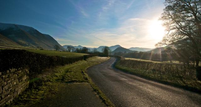 View of section of Lake District road which is being threatened with closure on sunny day